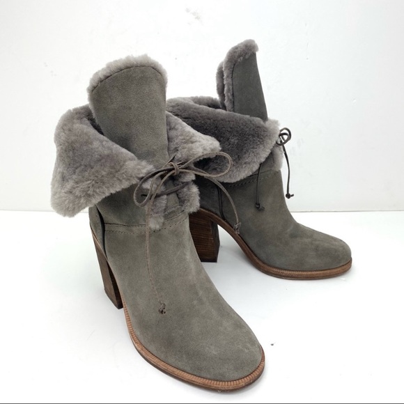 Ugg Jerene Suede Sheepskin Lined Block Heel Boot in Gray S/N 1019692 - Picture 5 of 12